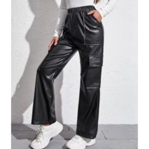 flap pocket leather look pants